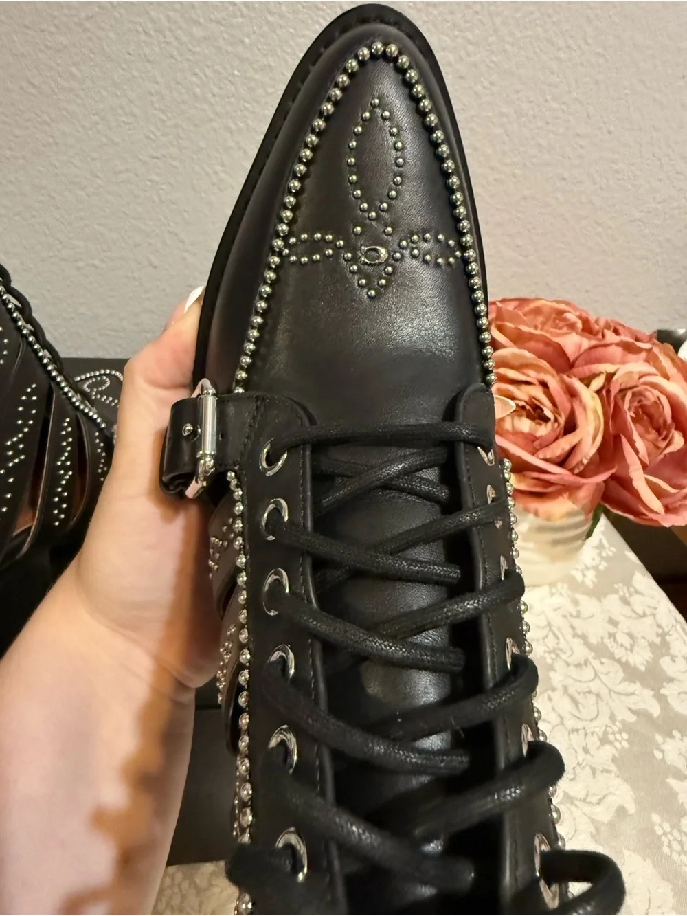 Coach Paisley Black Stud Lace up Leather Heel Boots size 7.5 NEW Rocker Concert